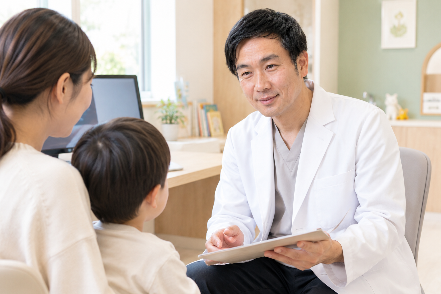 お子さまと保護者に説明をする花房こどもクリニックの院長